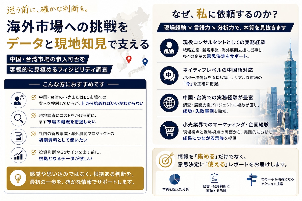 中華圏の小売市場への参入前フィジビリティ調査します 本格参入の前に「勝てる市場か」を見極めます イメージ2