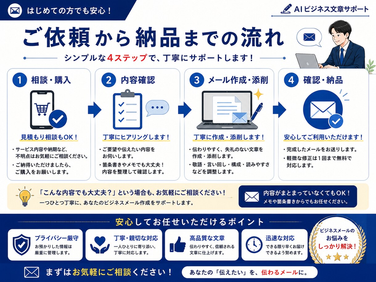 ビジネスメールを丁寧で伝わる文章に作成・添削します 取引先・上司へのメールを、失礼のない伝わる文章に整えます イメージ3