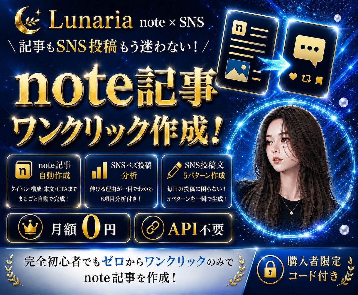 note記事×SNS投稿をワンクリック作成します 月額0円｜記事・SNS分析・30日発信設計をこれ1つで イメージ1