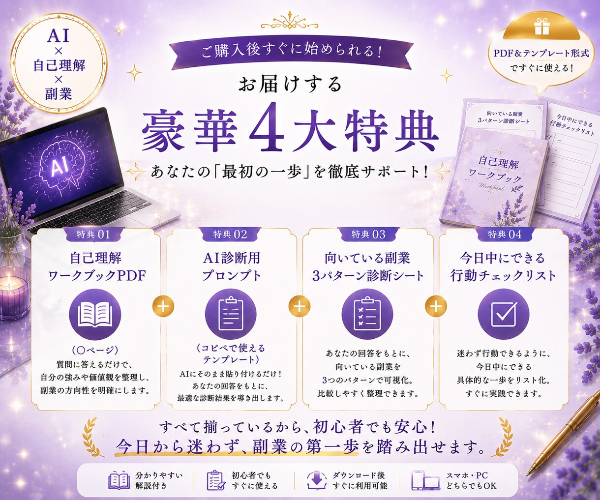AI×自己理解診断で向いてる副業と一歩を導 きます AI初心者OK。コピペと質問に答えるだけ で進みます。 イメージ7