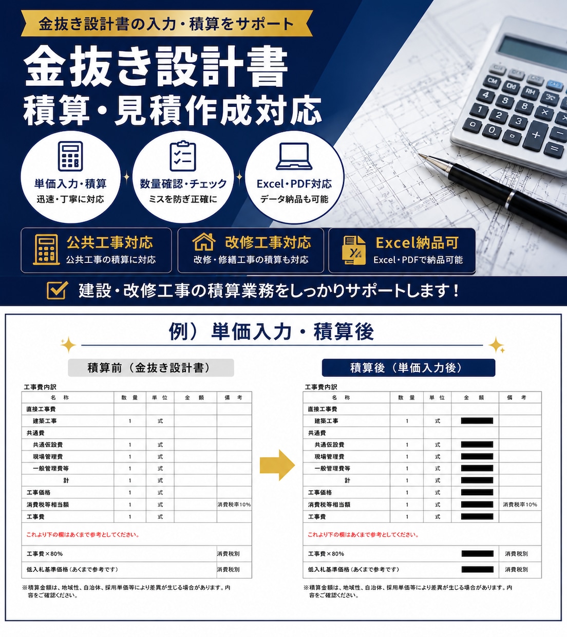 数量の拾い出し、公共・民間工事の積算代行いたします 建設業向けの見積作成、積算を代行いたします。 イメージ1