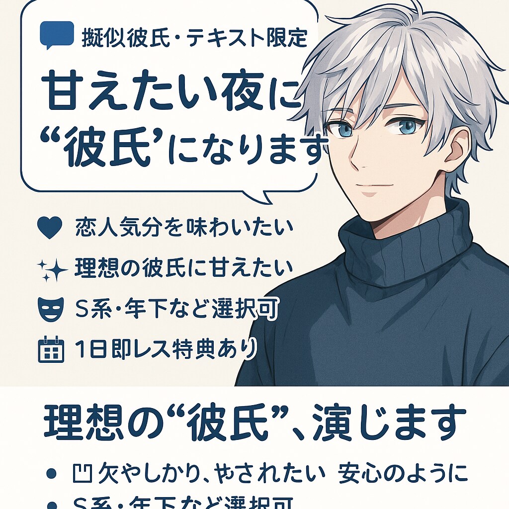 恋人気分で癒されたいあなたへ　理想の彼氏になります 擬似彼氏として、優しく寄り添うメッセージをお届けします。 イメージ1