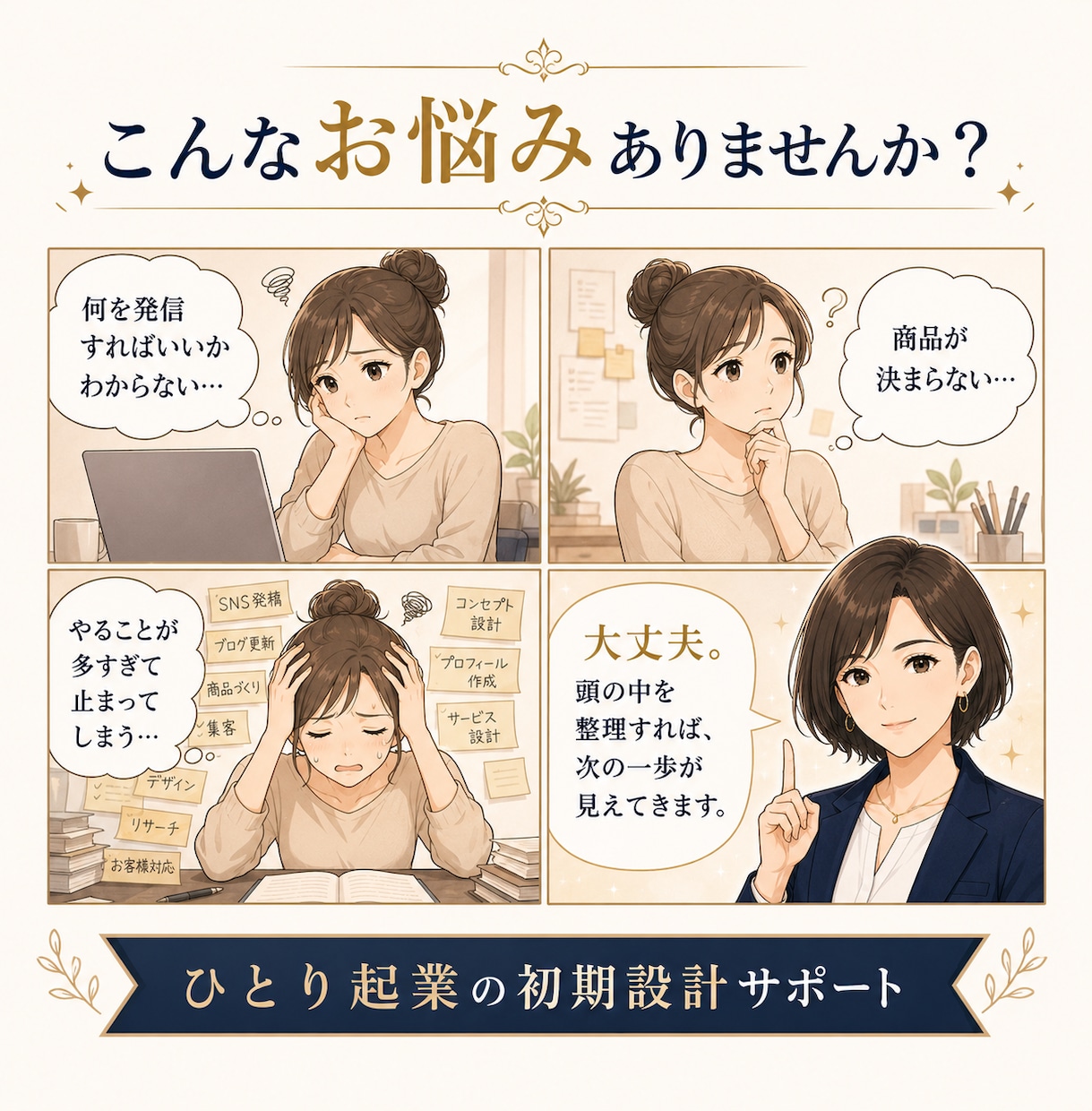 発信と商品づくりが止まった方の初期設計をします 強み・経験・届けたい相手を整理し、発信の軸と商品案をご提案 イメージ2
