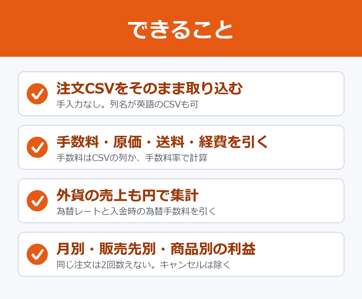 ネットショップの売上・利益管理表を設定します 注文CSVを取り込むだけ。複数の販売先・外貨OK イメージ2