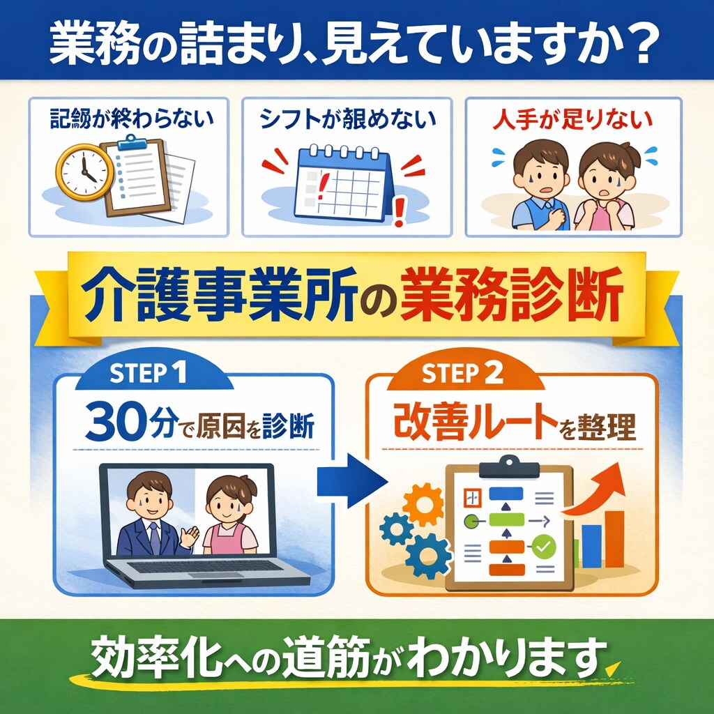 介護業務が回らない原因を30分で診断します 原因は「やり方」ではなく「詰まり」にあります。 イメージ1