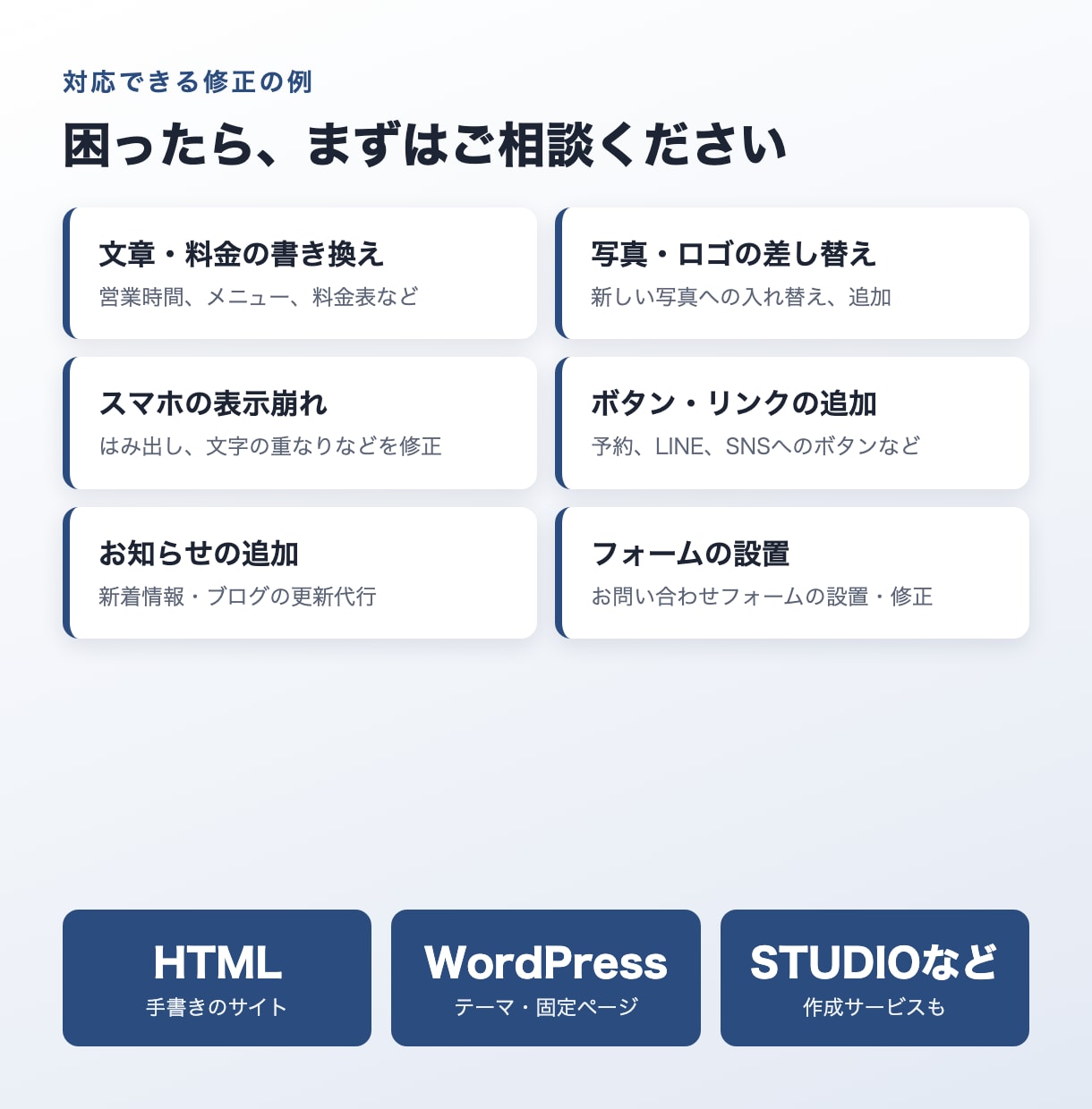 ホームページの修正・更新を3,000円から承ります 文字・写真の差し替えから表示崩れまで。小さな修正もOK イメージ2