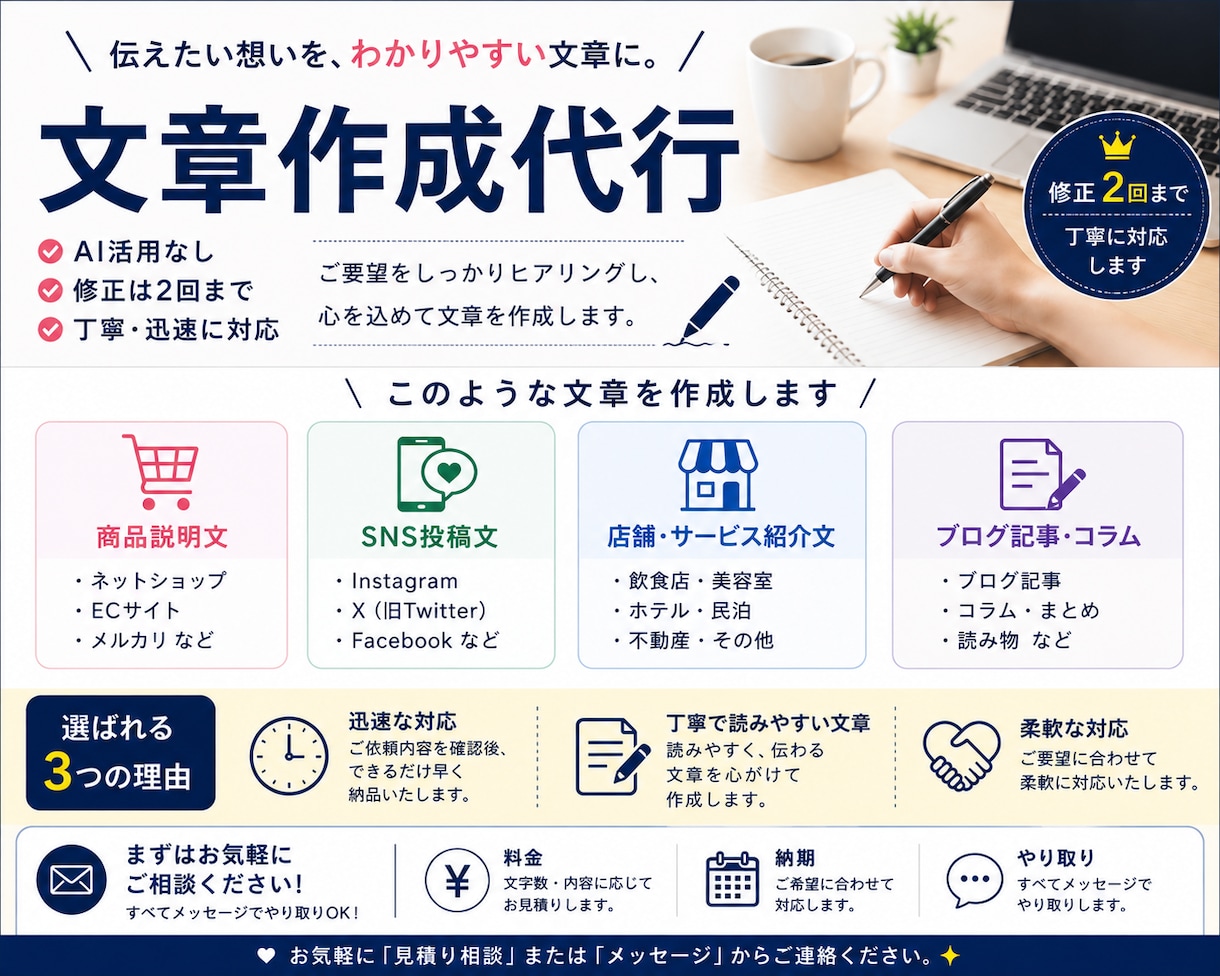 文章を低価格で作成します。ます 「文章を考えるのが苦手」、そんな方のお手伝いをします。 イメージ1