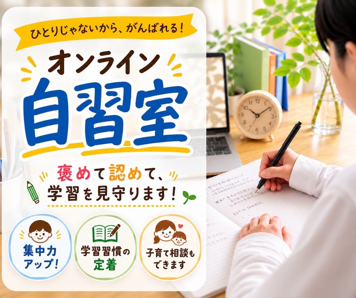 褒めて伸ばす 自習室で勉強を見守ります 京大・灘・北野 合格を支えた母のオンライン自習室 イメージ1