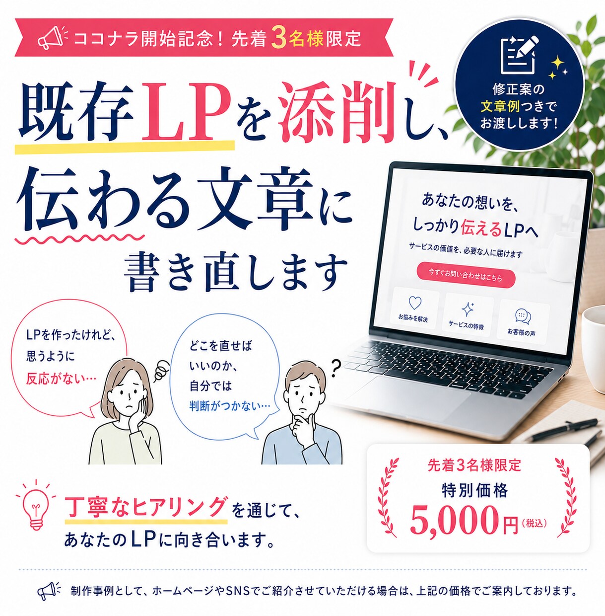 既存LPを添削し、伝わる文章に書き直します 丁寧なヒアリングから、あなたの頭の中にある言葉を見つけます イメージ1