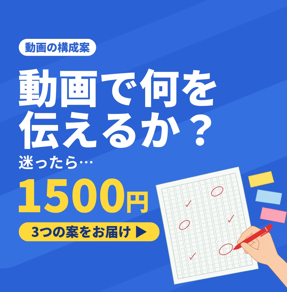 動画で何を伝えるか、構成案を3つ作ります 動画にしたい。でも何を見せればいいか分からない方へ イメージ1