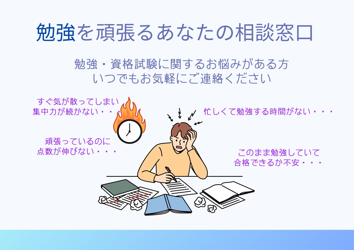 行政書士が資格取得のご相談を承ります 働きながら資格試験に挑戦した経験を踏まえ、ご相談に応じます イメージ1