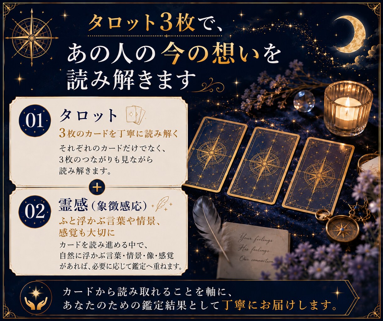 今どう思ってる？相手の気持ちを占います 表面・本音・今の気持ちをタロット3枚で丁寧に読みます イメージ4