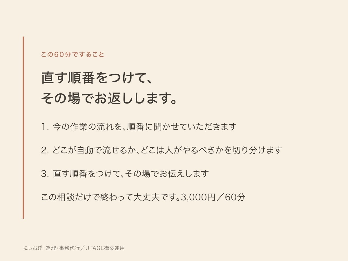 事務まわりの困りごとを整理します 何から手をつけるか、一緒に決めます イメージ2