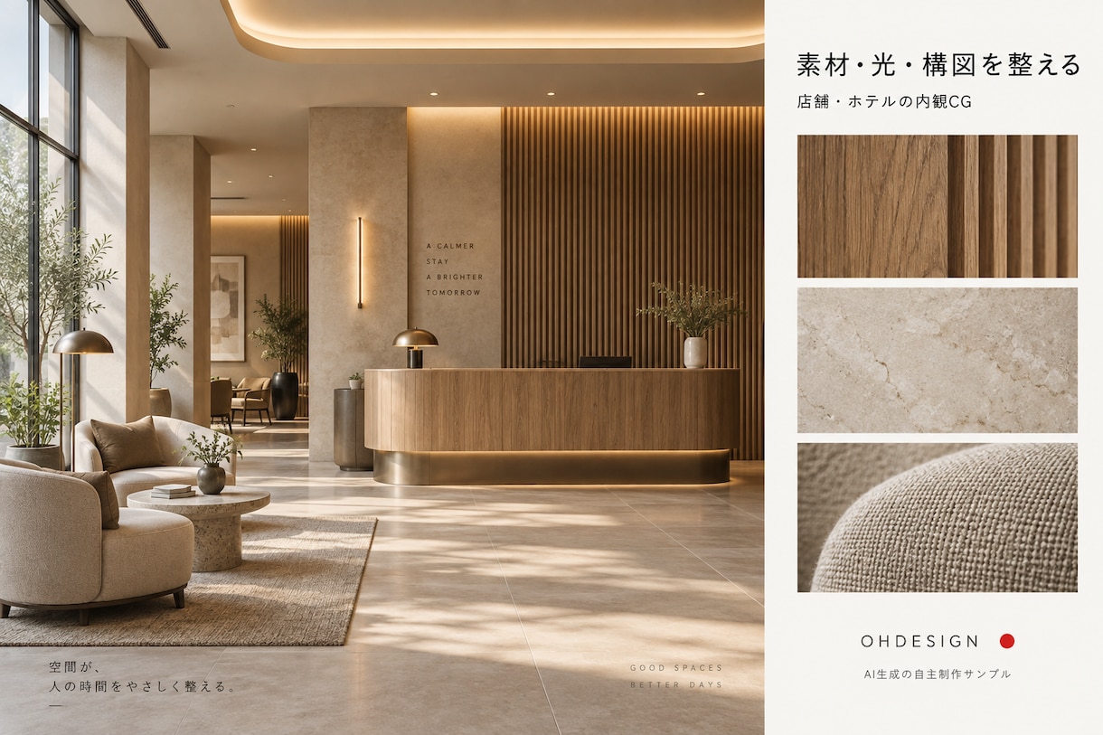 店舗・ホテルの内観CGを制作します 光と素材で、空間の魅力が伝わる一枚へ イメージ2