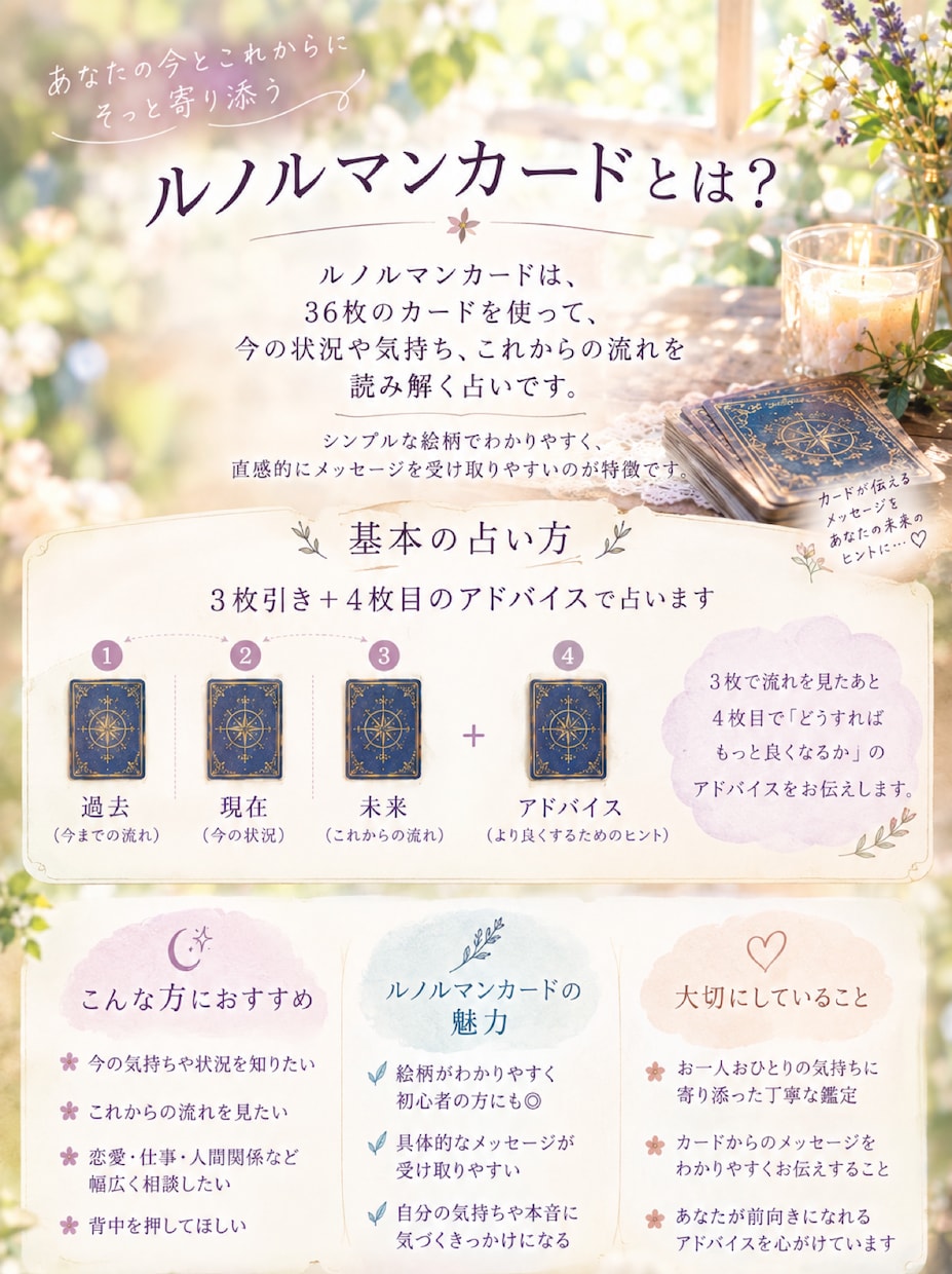 ルノルマンカードであなたの今とこれからを占います あなたの今とこれからを、ルノルマンで丁寧に読み解きます。 イメージ5
