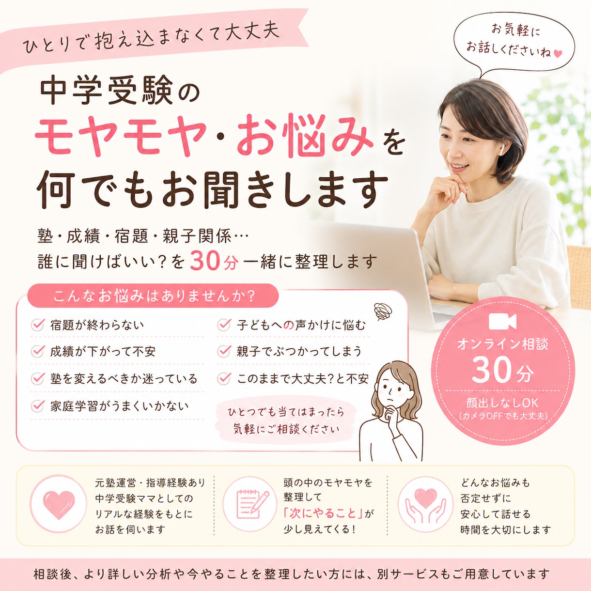 中学受験のモヤモヤ・お悩みを何でもお聞きします 塾・成績・宿題・親子関係…誰に聞けばいい？を一緒に整理します イメージ1