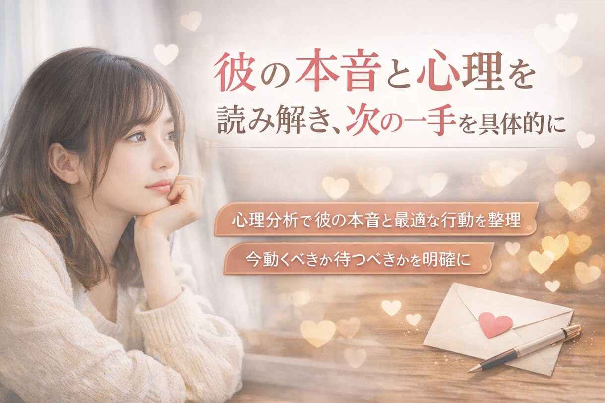 彼の本音と心理を読み解き次の一手を具体的に伝えます 心理分析で彼の本音と最適な行動を整理します。 イメージ1