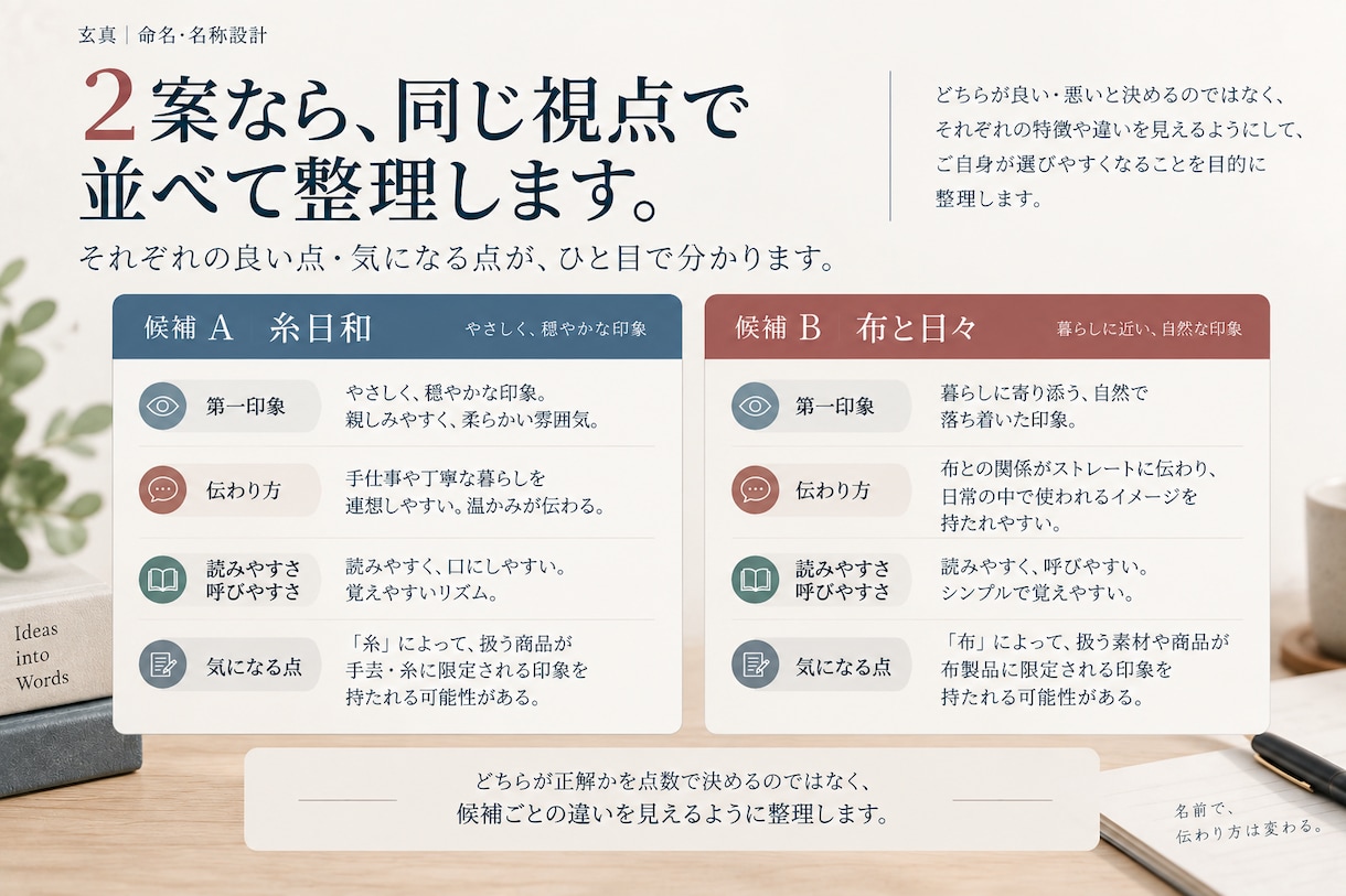 ネーミング専門家が名前の候補を比較します 決める前に同名を調べ、2案から推す方を伝えます イメージ3