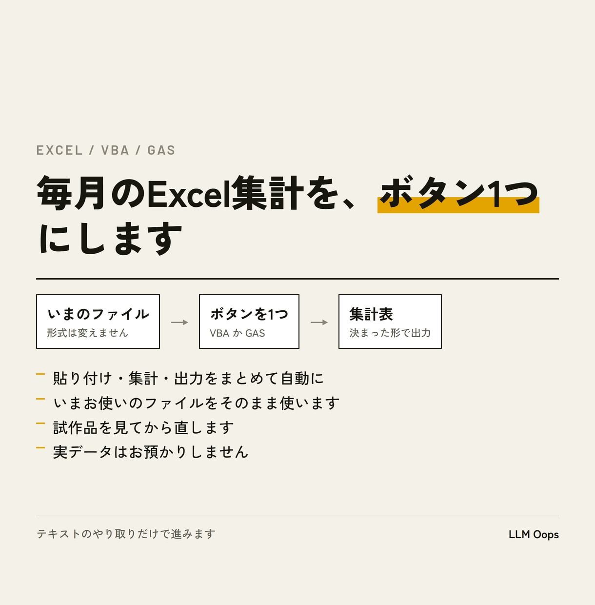 Excel集計をボタン一つにします VBAかGASで、貼り付け→集計→出力を自動化します イメージ1