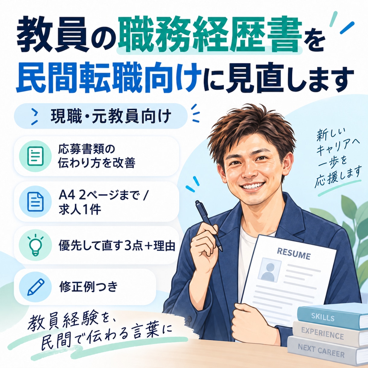 教員の職務経歴書を民間応募向けに見直します 原稿2ページと求人1件から、修正3点と文例を返します イメージ1