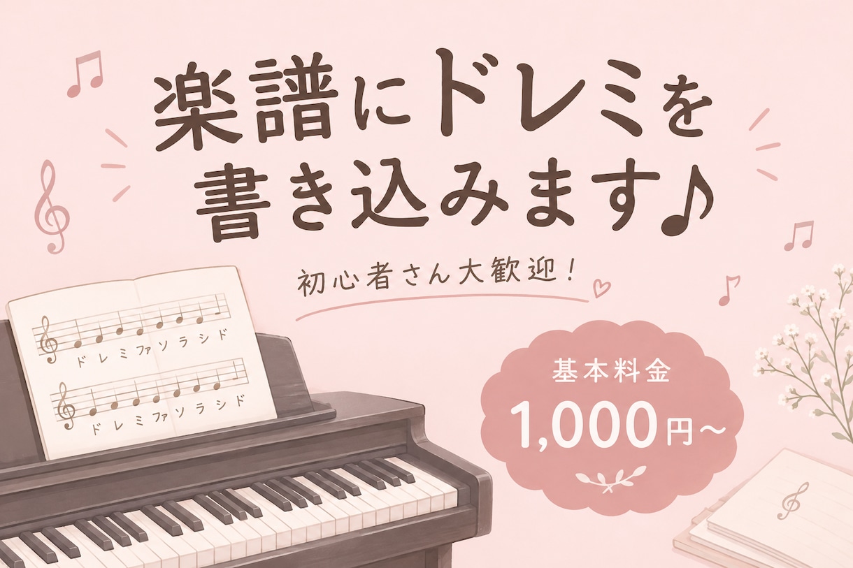 ピアノ楽譜にドレミの音名を書き込みます 初心者さんも安心！指番号の追加にも対応します イメージ1