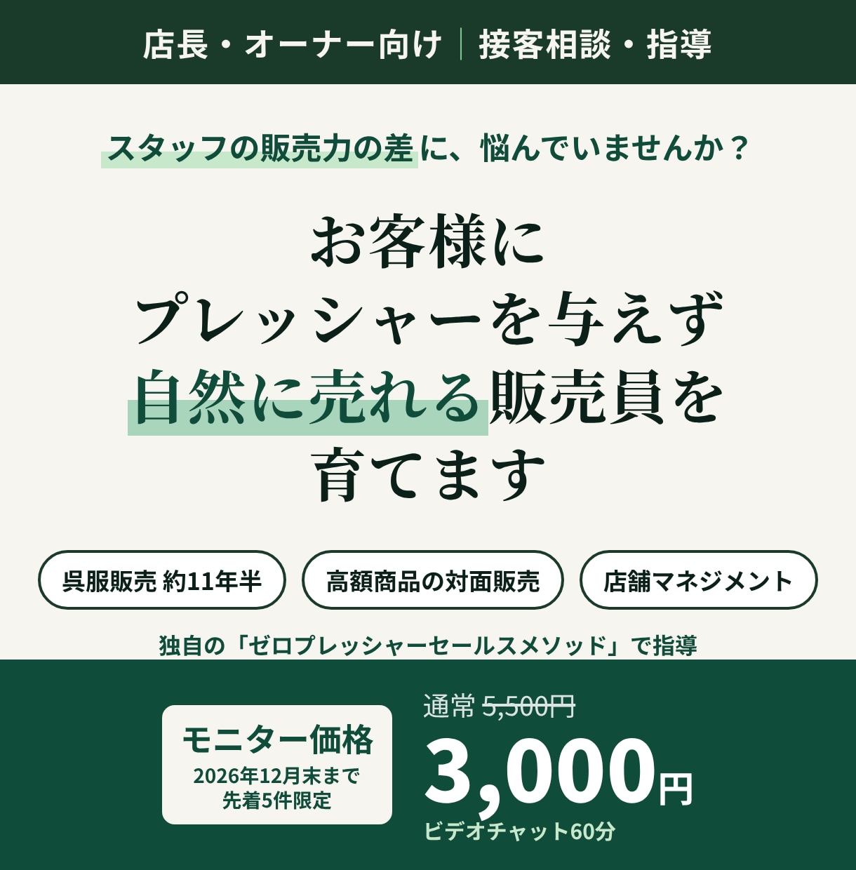 お客様に圧を与えず自然に売れる販売員を育てます スタッフの販売力の差に悩む店長・オーナー向け｜接客相談・指導 イメージ1