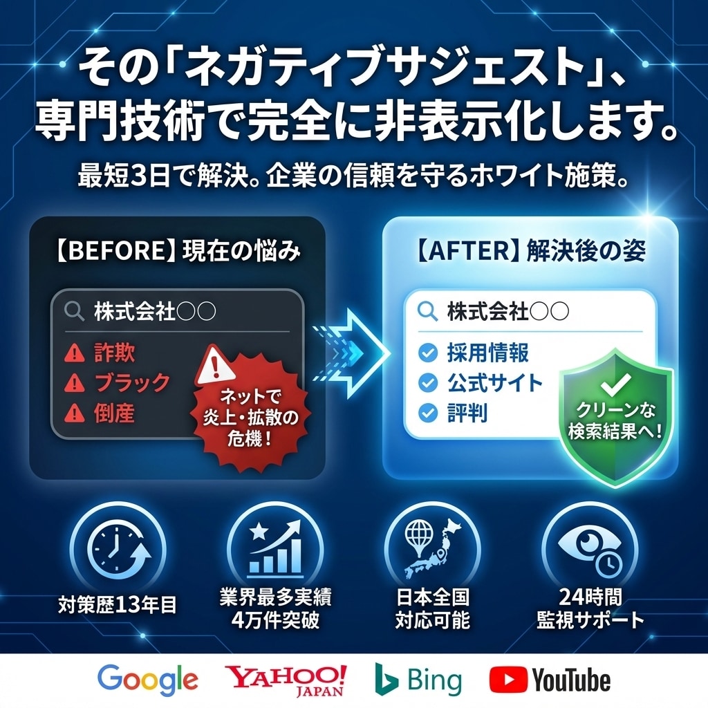 誹謗中傷・風評の検索候補を非表示にします 業界最安値でネットの悪質な誹謗中傷を最短3日で解決します。 イメージ1