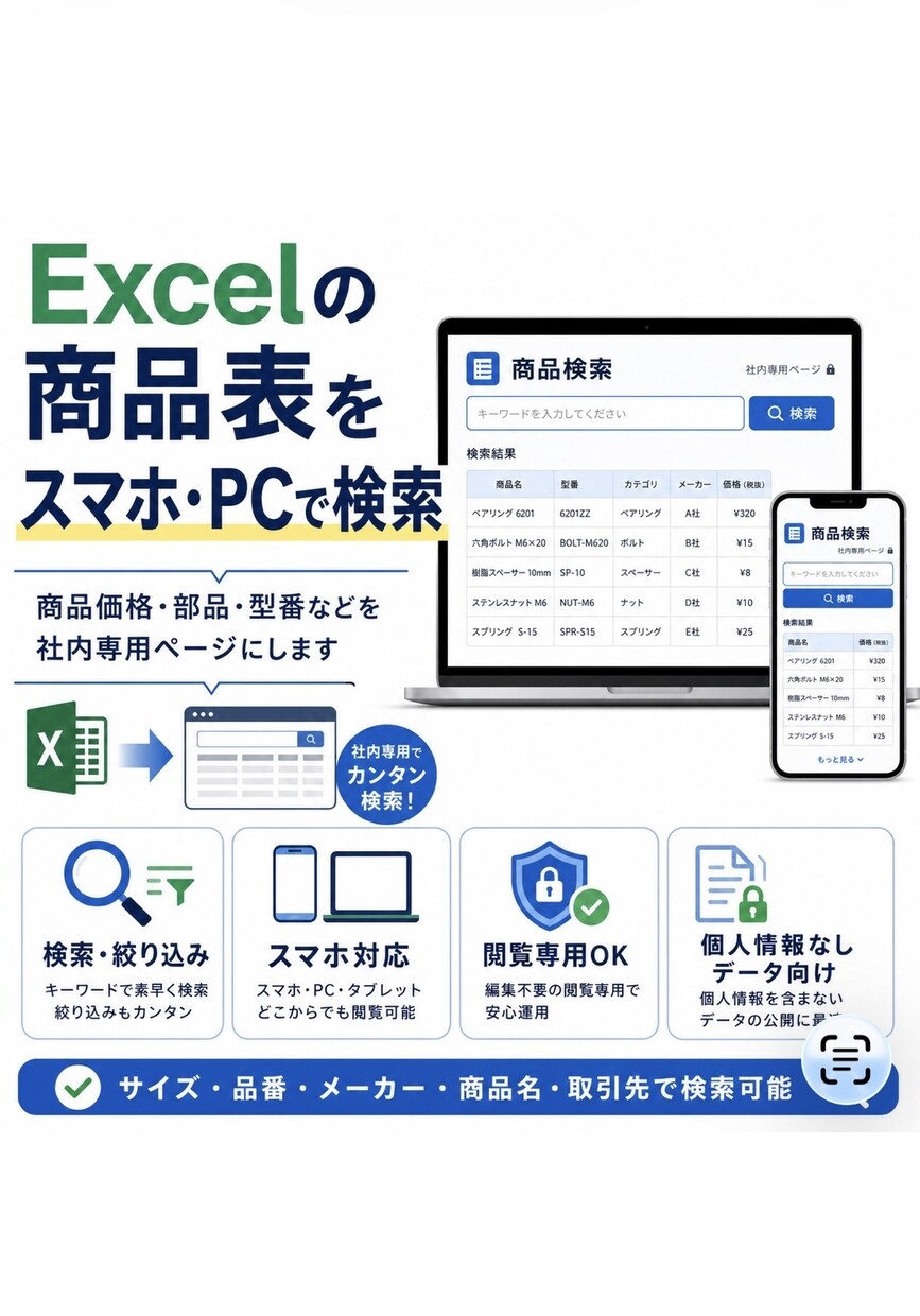 検索・絞り込みできる社内専用ページを作成します 探す時間と価格の確認ミス改善、スマホ・パソコンで簡単検索 イメージ2