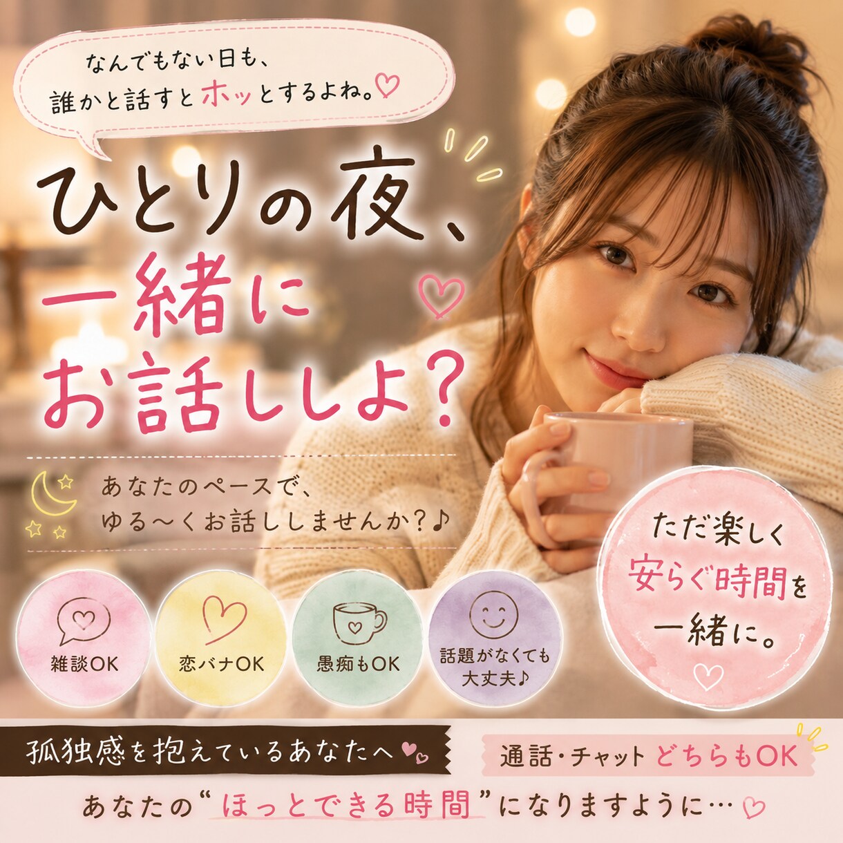 今日は、ひとりで過ごしたくないな　に寄り添います 雑談・恋バナ・愚痴・くだらない話も大歓迎♡一緒にお話ししよ？ イメージ1
