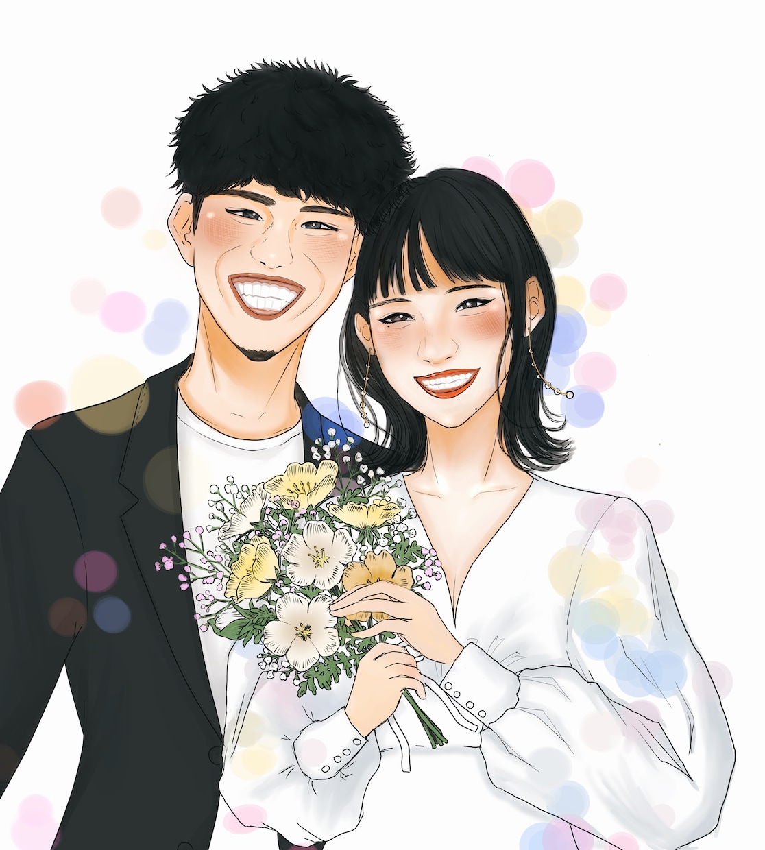 柔らかい雰囲気の似顔絵イラストを描きます 結婚式のウェルカムボードやプレゼント用の似顔絵イラストです。 イメージ1