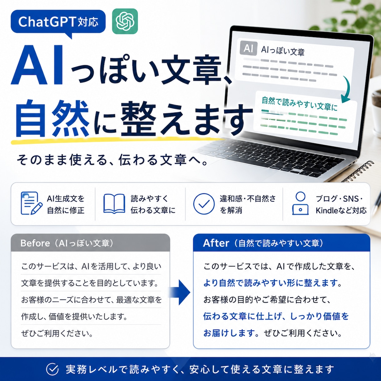 ChatGPTのAIっぽい文章を自然な形に整えます AI臭さを抑えて自然に読みやすくします イメージ1