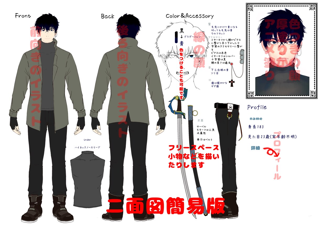 あなたのキャラクターの二面図を作成します キャラクター設定を一枚に集約したい方に！ イメージ5