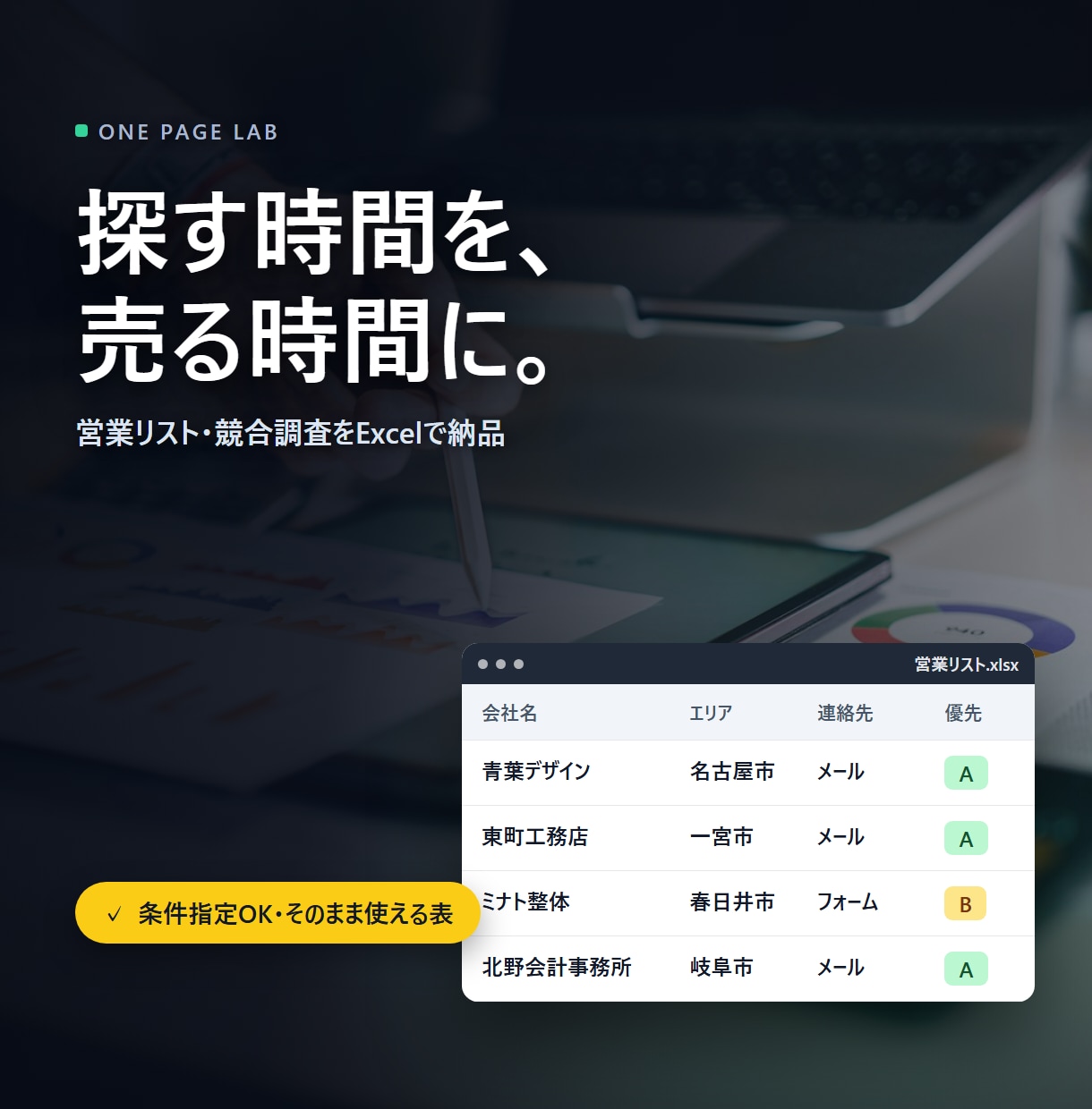 営業リスト・競合調査を使える表で作ります 会社名を並べるだけでなく、次に連絡・判断できる形に整えて納品 イメージ1