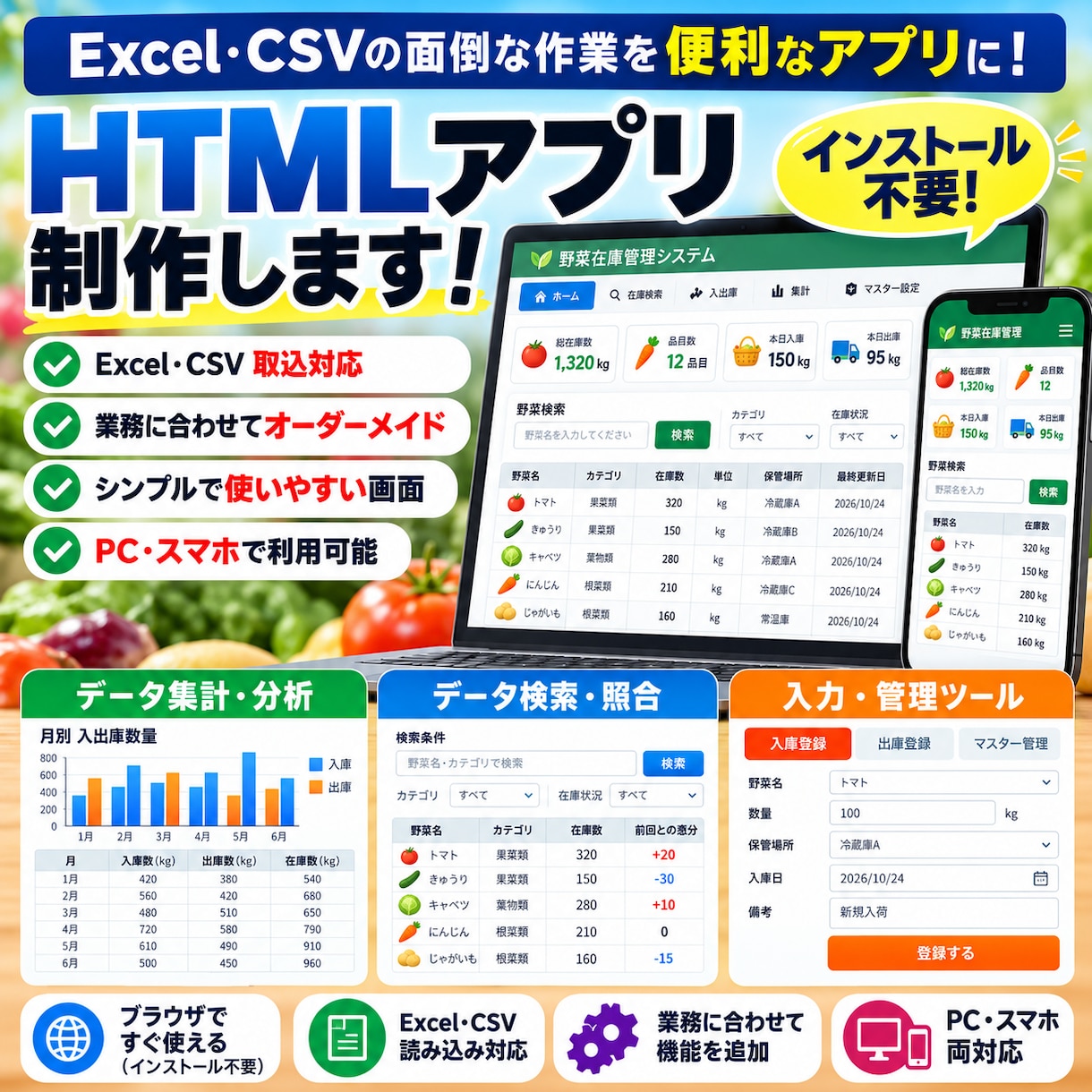 業務効率化HTMLアプリをオーダーメイド開発します Excel・CSVの集計や管理業務を便利なアプリに！ イメージ1