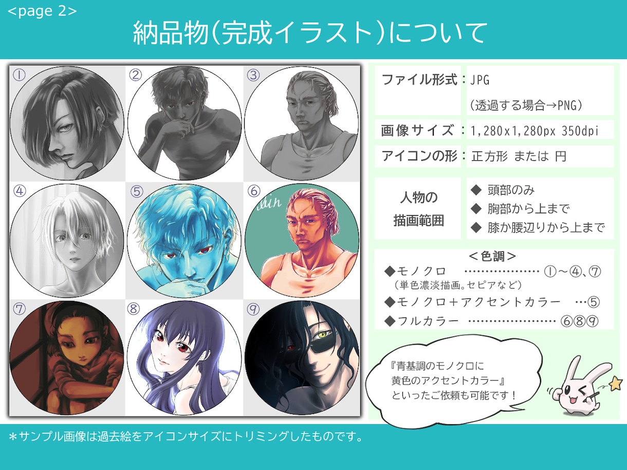 商用OK！透過対応！お好みの絵柄でアイコン描きます リアル寄り、少年～老年まで、可愛い～渋いまで対応します＾＾ イメージ2