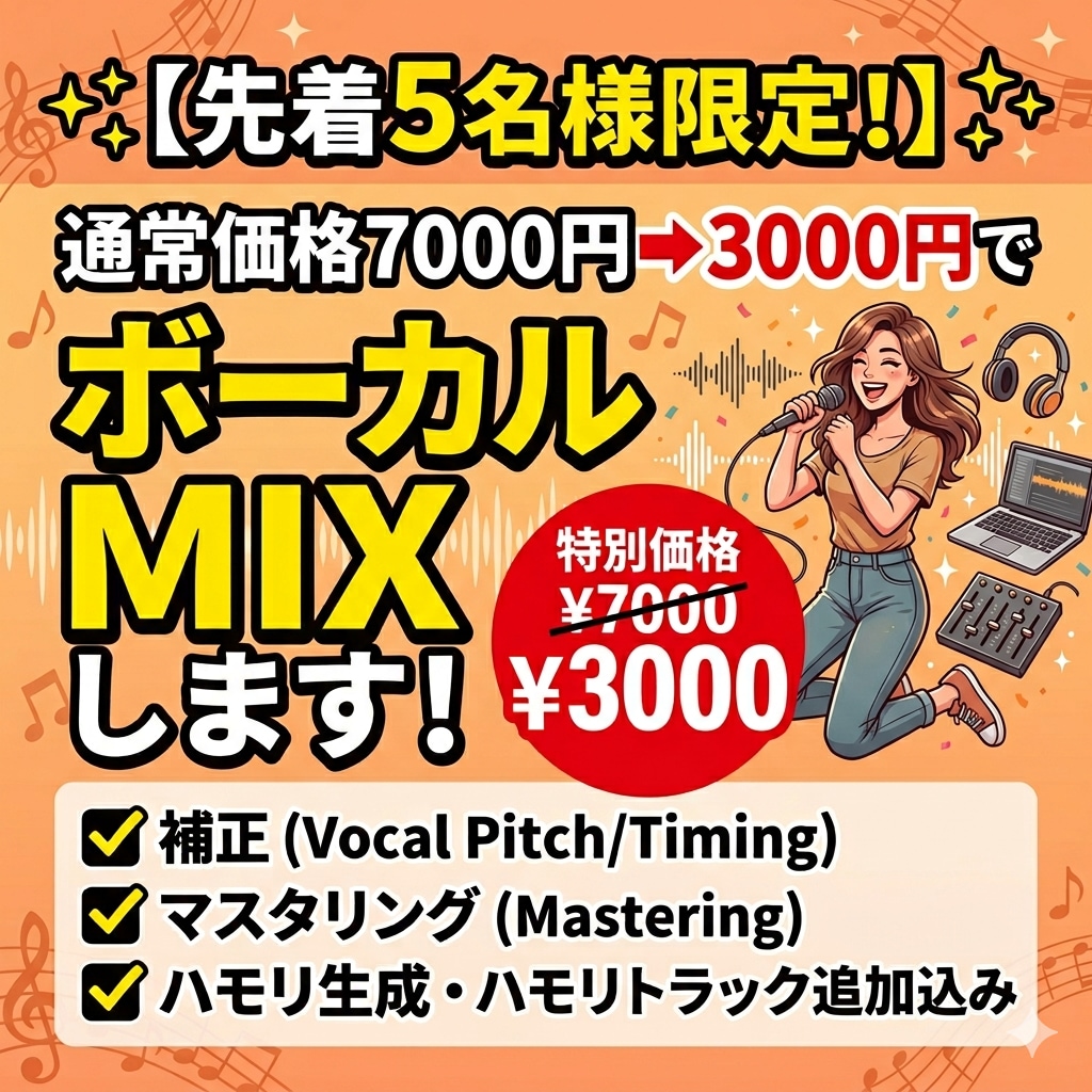 先着5名様限定！最安値でボーカルMIXします 実績作りのため、今だけ特別価格で本格ボーカルMIX受付中！ イメージ1