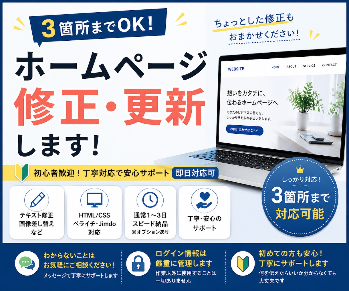 3箇所までOK！ホームページ修正・更新します 初心者歓迎！丁寧対応で安心サポート 小さな修正OK イメージ1