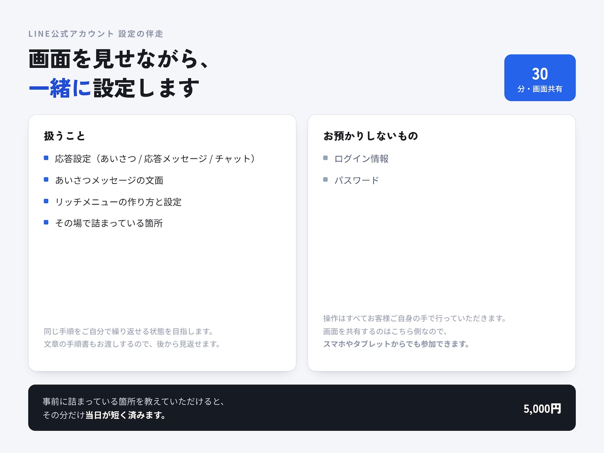 LINE公式アカウントの設定に画面共有で伴走します 30分で応答設定とメニューまで｜自分で触れるようになります イメージ1