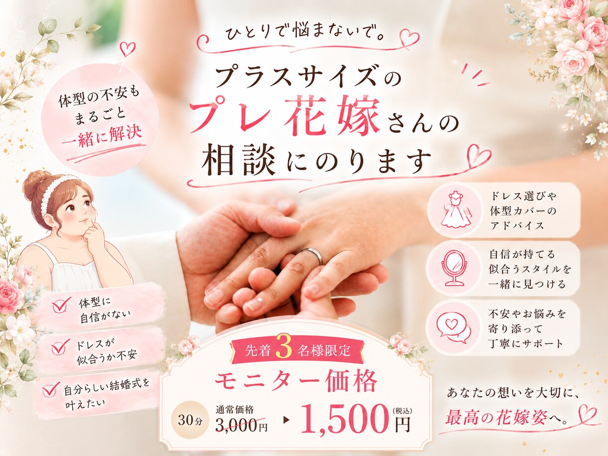 プラスサイズのプレ花嫁さんのお話を聞きます 【先着3名】元CAのぽっちゃりプレ花嫁が相談に乗ります！ イメージ1