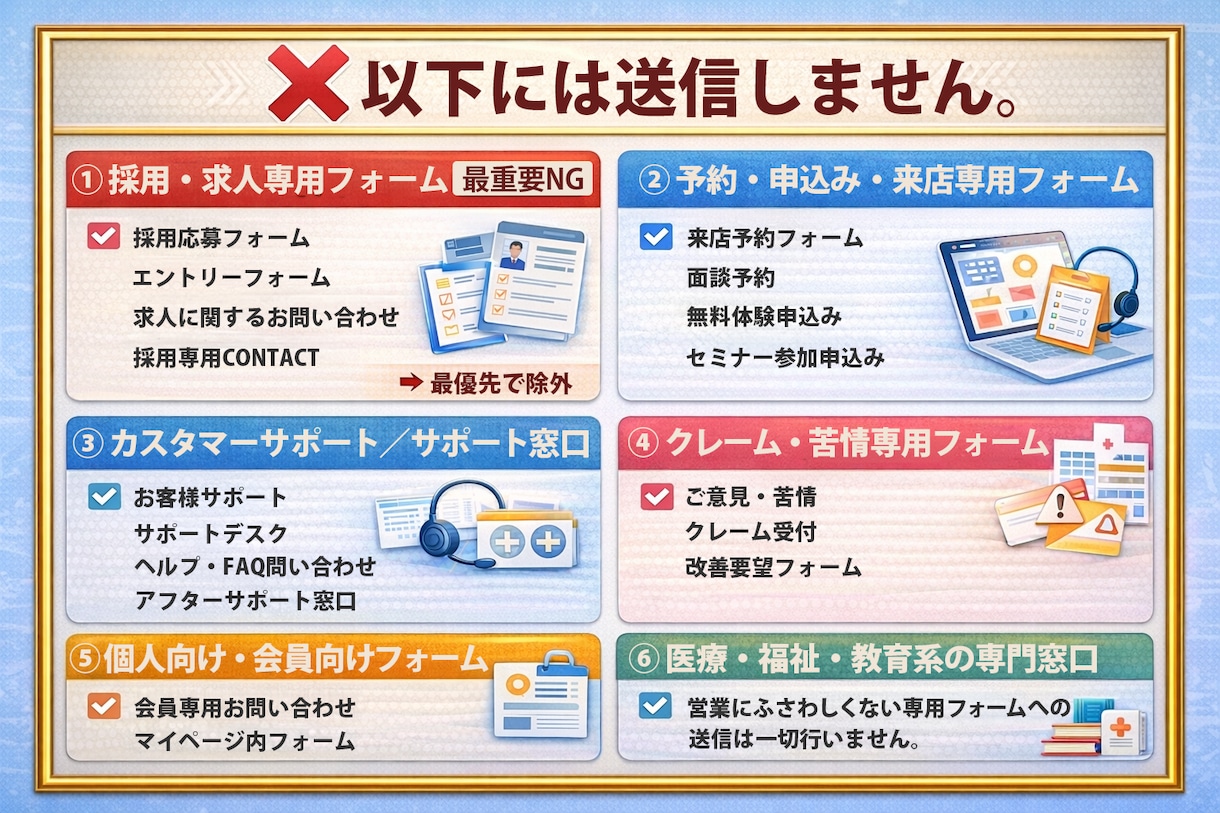 人力で丁寧に問い合わせフォーム送信業務を行います 送信NGスクリーニング込み。1件20円の人力対応で安心 イメージ5