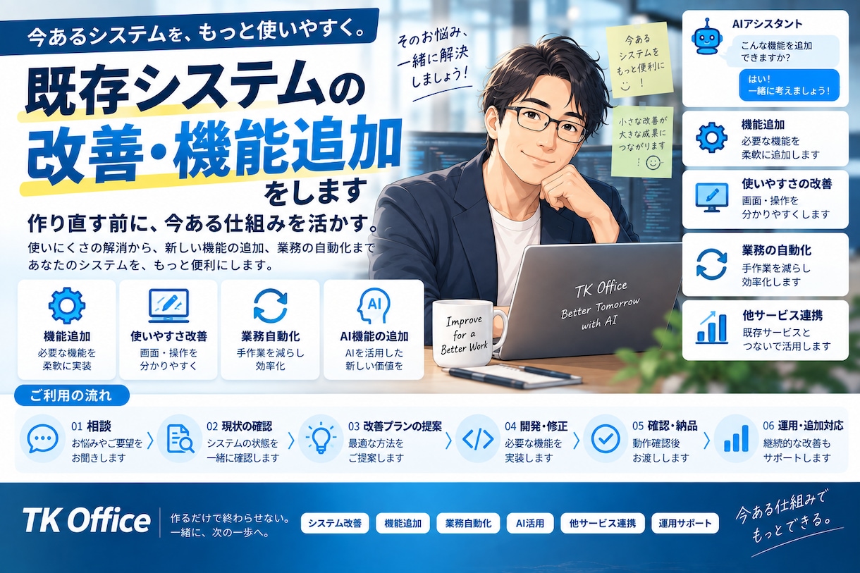 既存システムの改善・機能追加をします 今ある仕組みを活かして、使いにくさや不足機能を改善します イメージ1