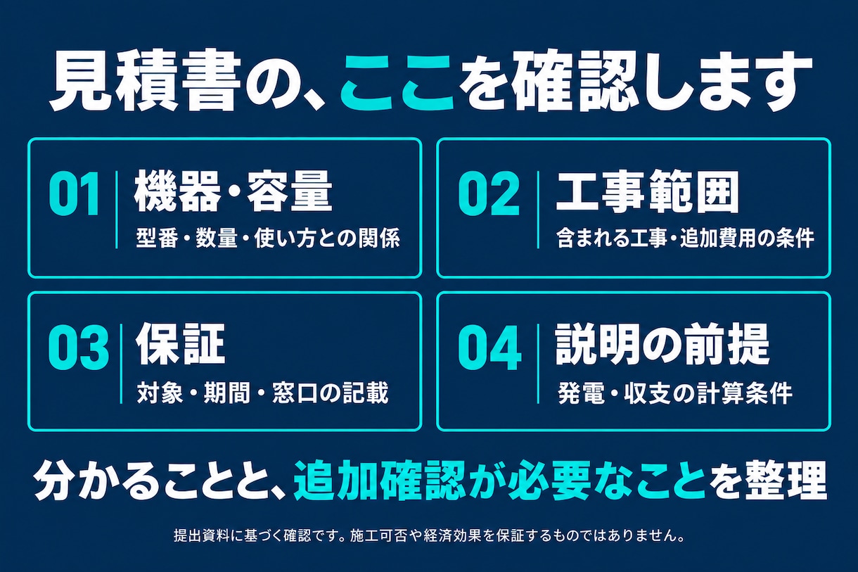 太陽光・蓄電池の見積を現役営業が確認します 価格・容量・工事・保証を整理し、契約前の疑問を明確に！ イメージ2