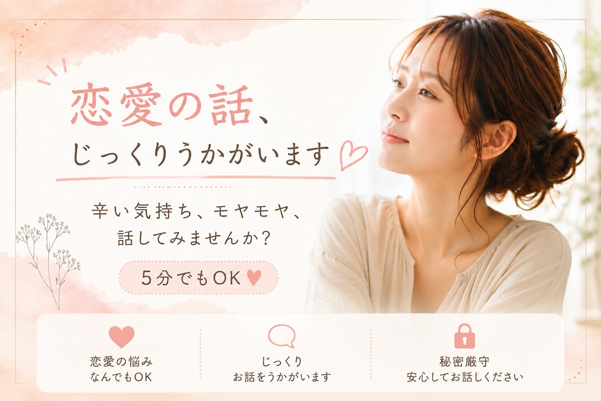 恋愛系のお話、じっくりうかがいます 辛い恋、モヤモヤする気持ち、そっと話して気持ちを穏やかに… イメージ1