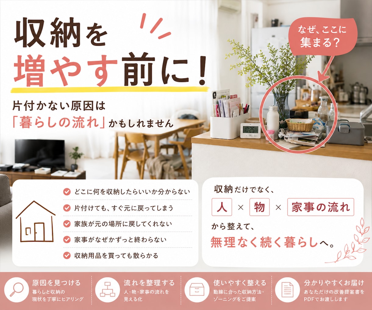 収納と暮らしの動線を見直して使いやすく整えます 家事・収納・家族の動きを整理して、無理なく回る暮らしを イメージ1
