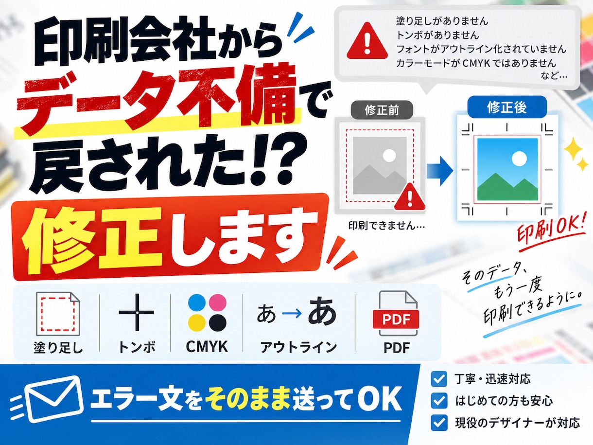 印刷会社から戻されたデータを修正します 塗り足し・トンボ・CMYK・アウトライン不備に対応 イメージ1