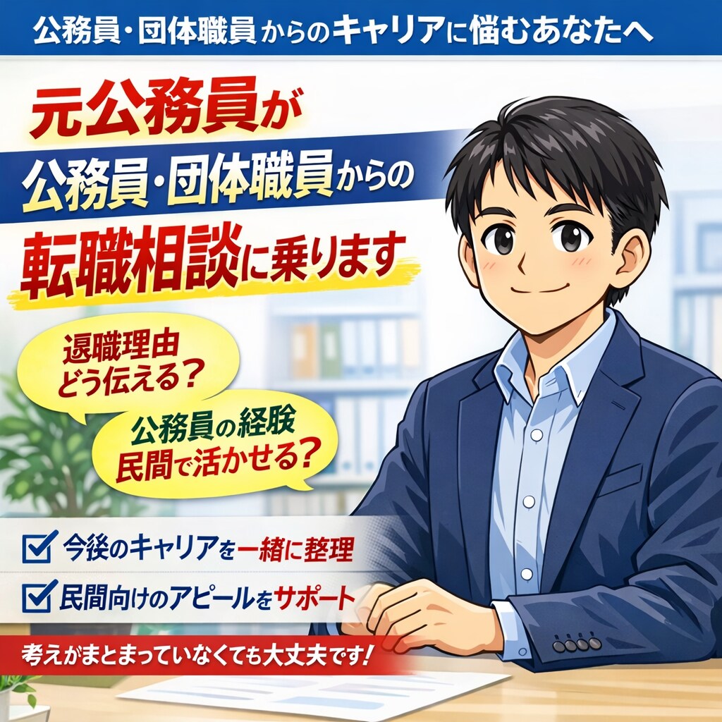 公務員・団体職員転職希望の方の相談に乗ります 辞めたい理由って色々。公・民両方経験した立場からアドバイス！ イメージ1