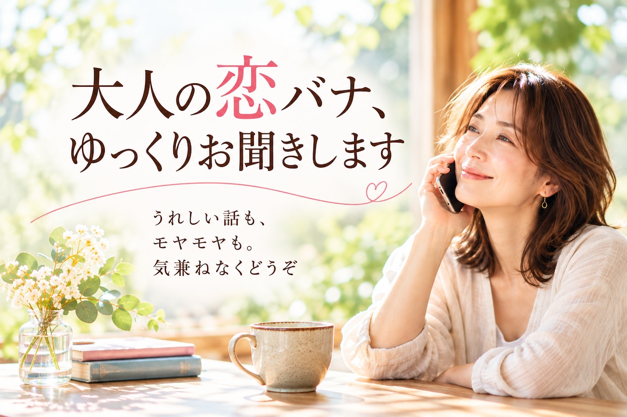大人の恋バナ、ゆっくりお聞きします うれしい話も、モヤモヤも。気兼ねなくどうぞ イメージ1
