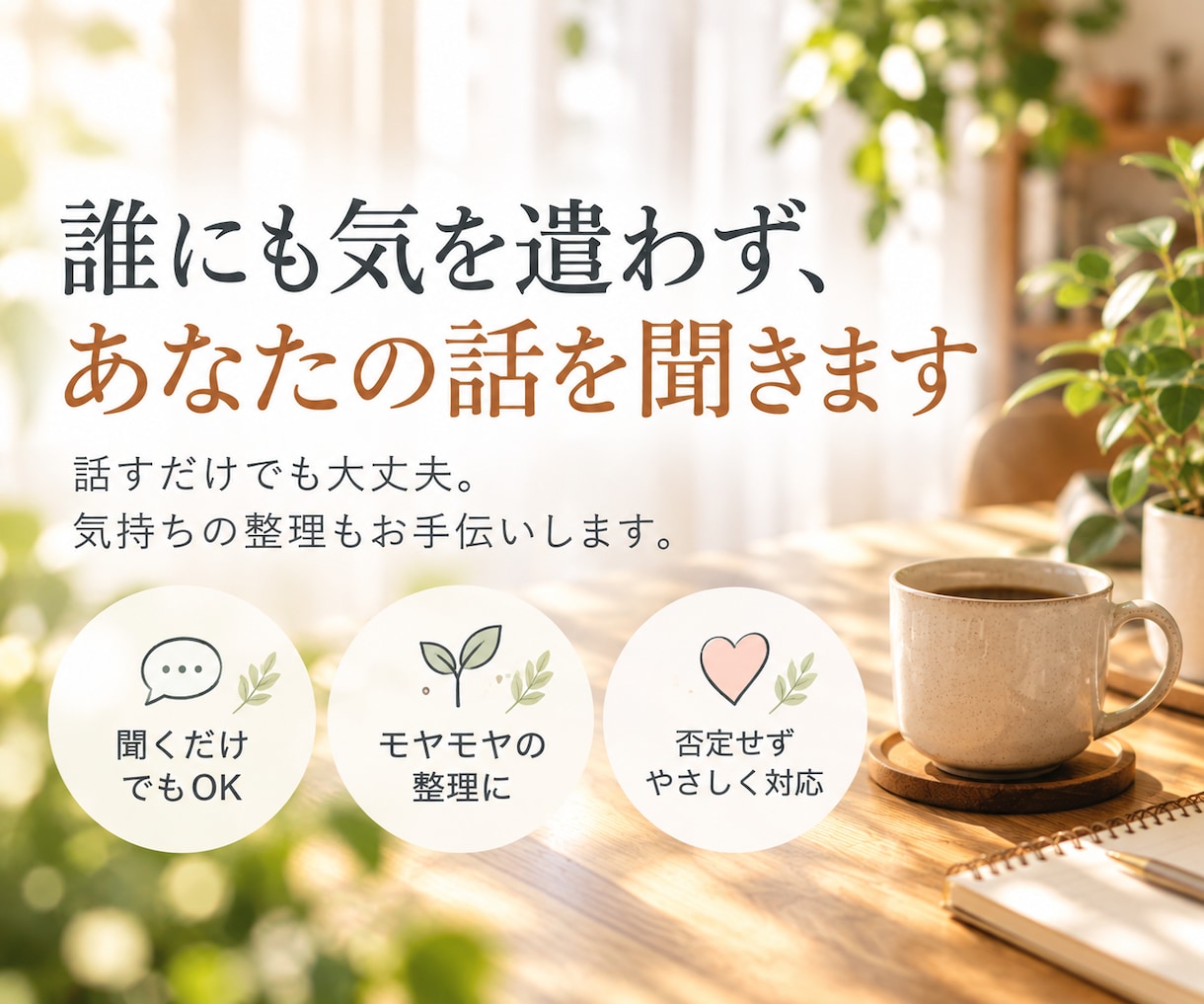 誰にも気を遣わず、あなたの話を聞きます 話すだけでも大丈夫。気持ちの整理もお手伝いします。 イメージ1