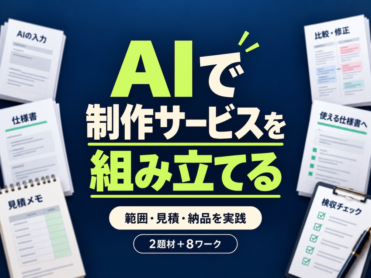 AIで制作サービスを組む実践教材を届けます 範囲・変更見積・納品を設計｜2題材と8ワーク イメージ1