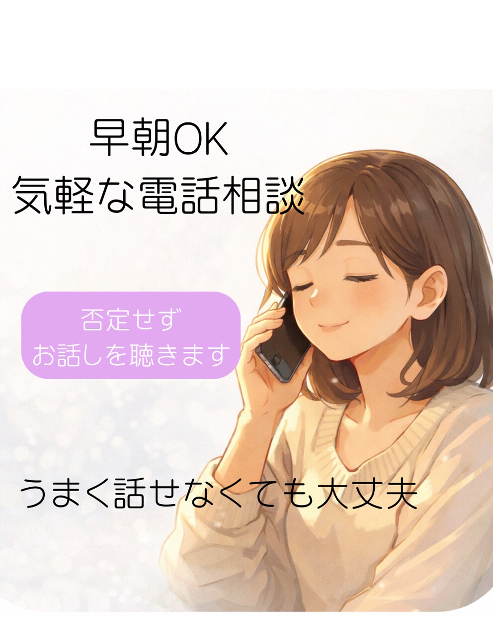 早朝にも対応⭐️電話で1分〜お試しでお話を聴きます うまく話せなくても大丈夫、まずは短い時間から イメージ1